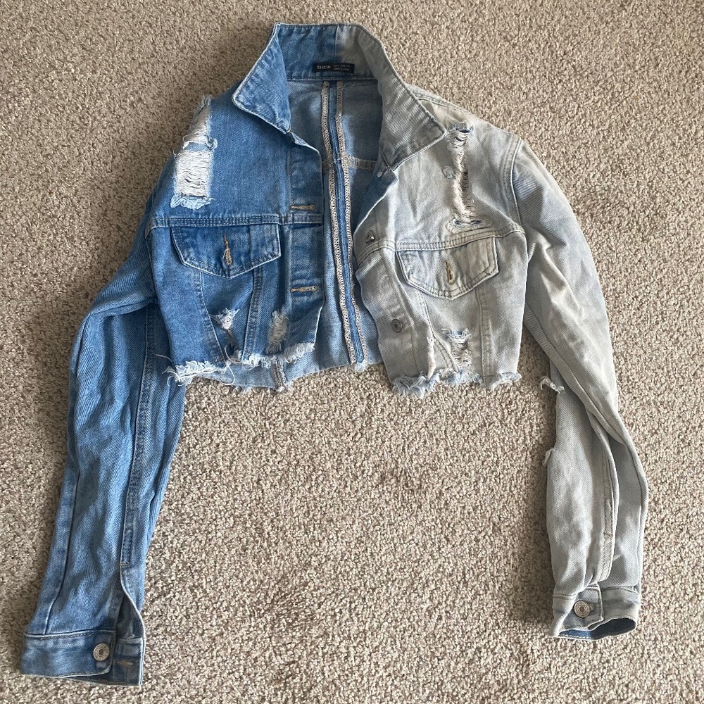 Shein Women’s Two Color Half and Half Distressed Long Sleeve Denim Jacket Size S